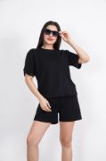 Osy Modal Yumuşak Dokulu Kumaş Bisiklet Yaka T-shirt Kısa Şort İkili Takım - Siyah resmi